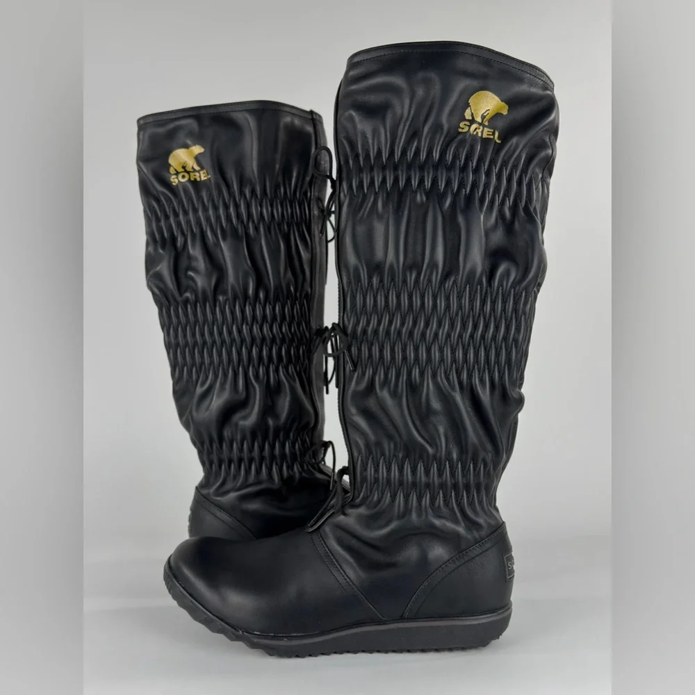 SOREL Firenzy Knee High Black Leather Boots 8 Plaid Wool Lined Slouchy Winter